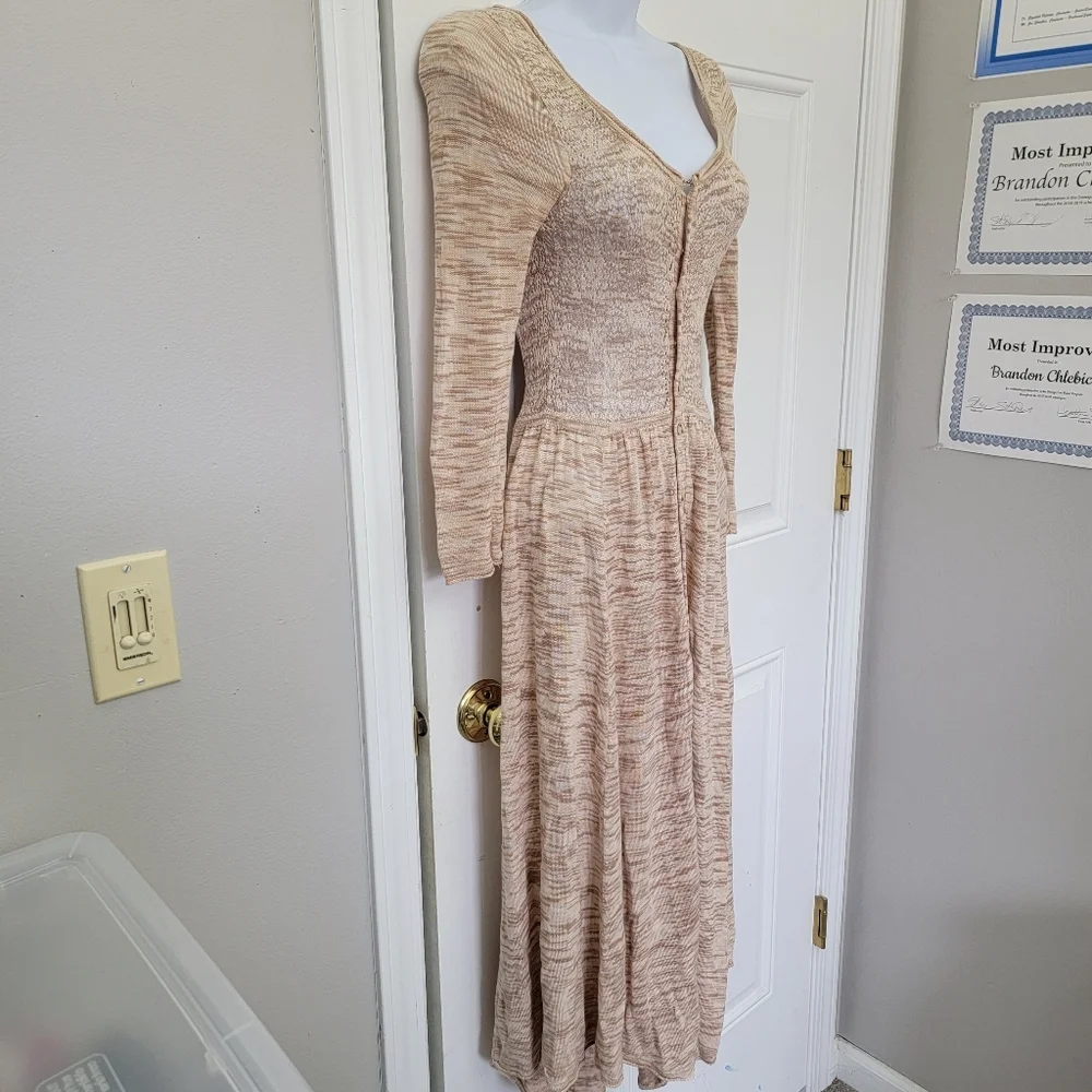 Free People Space Dye Open Knit Crochet Button Front Midi Dress Tan Cream XS - Picture 4 of 10